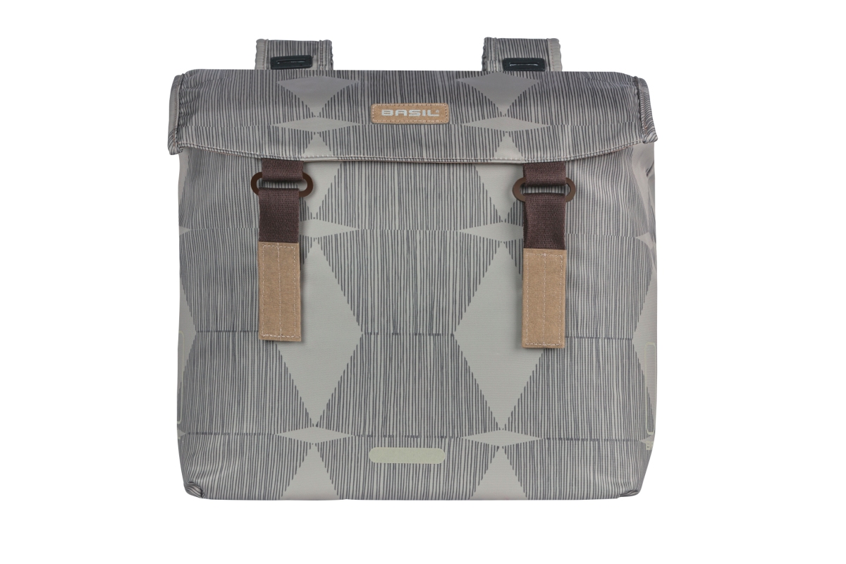 Taskesæt (grey) fra Basil model Elegance.    Materiale af 100 % genanvendt PET (plastikflasker) Vol. 40-49 L og med rem-montering (taskebro)